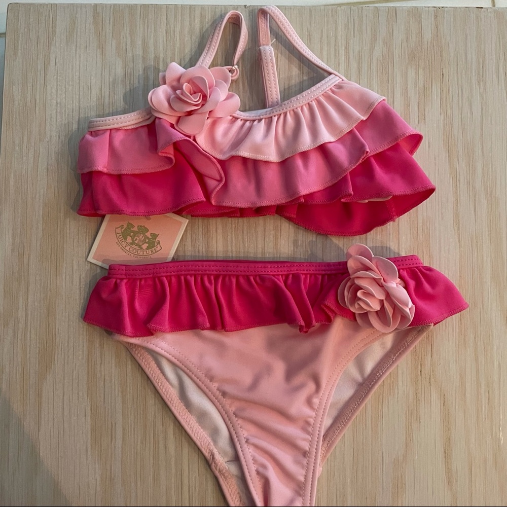 Juicy couture pink ruffle bikini with roses